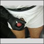 Wanking with leather gloves