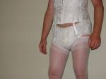 White corset, stockings & plastic panties